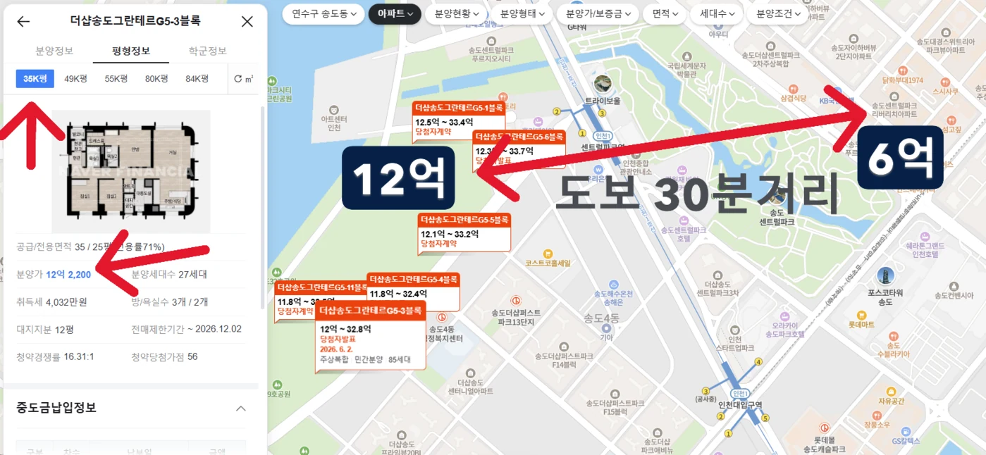 송도 단지 간 시세 비교 지도 — 리버리치 6억, 인접 단지 12억